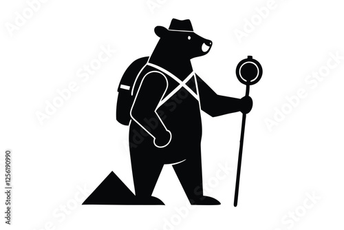 Silhouette vector illustration of a bear in a trekking outfit with a compass in hand on a white background.