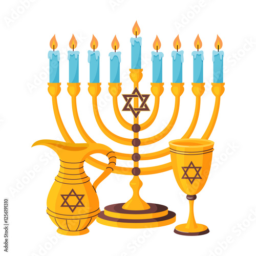 Golden Menorah with nine lit candles, jug of oil and goblet of wine. Hand drawn flat style isolated icon. Jewish holiday of Hanukkah traditional candelabrum. Happy Hanukkah Vector illustration