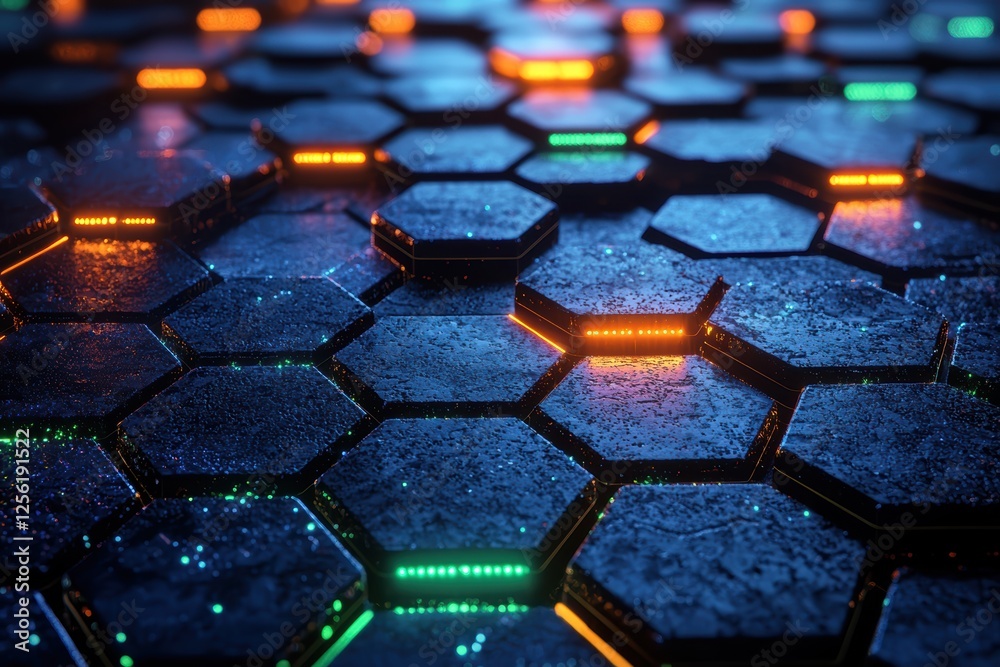 Fototapeta premium Futuristic grid of abstract hexagonal shapes digital realm high fidelity dark environment captivating viewpoint technology concept