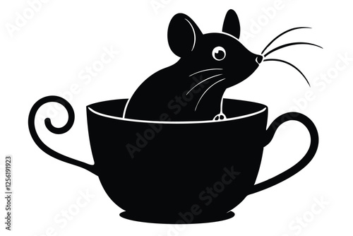 Silhouette vector illustration of a curious mouse peeking out of a teacup on a white background.