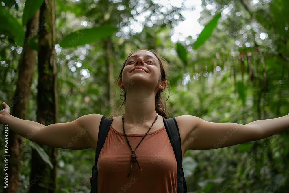 A woman embraces the fresh air in a lush forest, arms open wide A woman embraces the fresh air in a lush forest, arms open wide