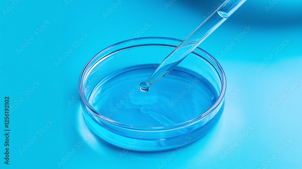 Liquid transfer with pipette in lab: Clear liquid is being dispensed from pipette into petri dish filled with blue liquid. Lab research concept. Liquid transfer with pipette in lab: Clear liquid is being dispensed from pipette into petri dish filled with blue liquid. Lab research concept.