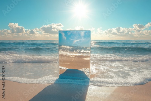 Reflective Monolith on a Sunny Beach Minimalist Seascape with Mirror	
