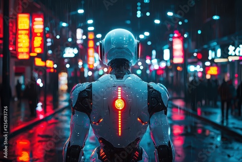 Futuristic humanoid robot with glowing energy veins neon cityscape digital art urban environment rear view technology concept
