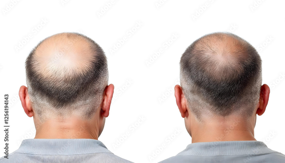 Fototapeta premium A bald-to-hair transformation in a before-and-after comparison for hair restoration.