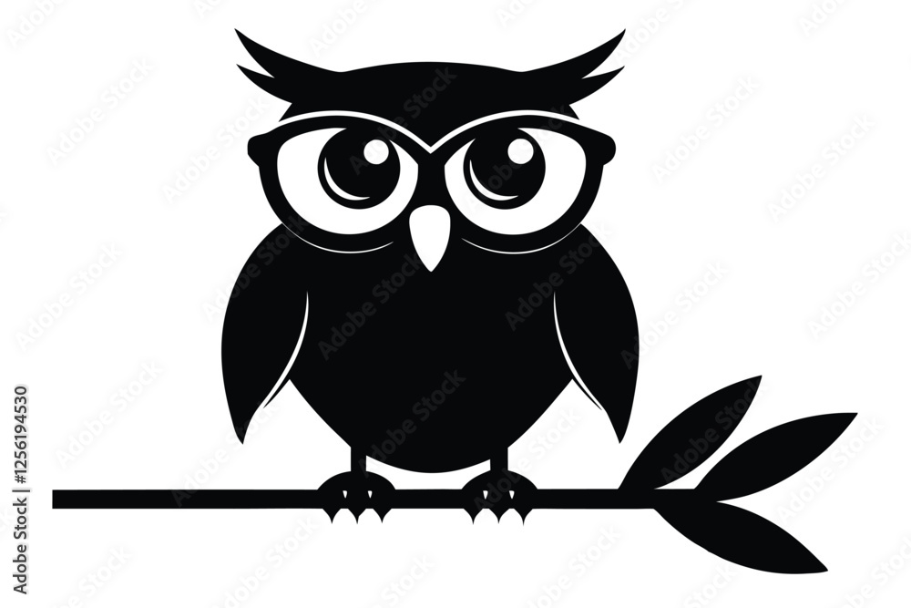 Obraz premium Silhouette vector illustration of a wise owl with glasses, perched on a branch, with a vintage paper texture.