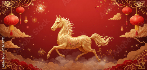 A stunning Chinese New Year 2026 background celebrating the Year of the Horse. A majestic, golden horse is depicted in motion, symbolizing strength and prosperity.
