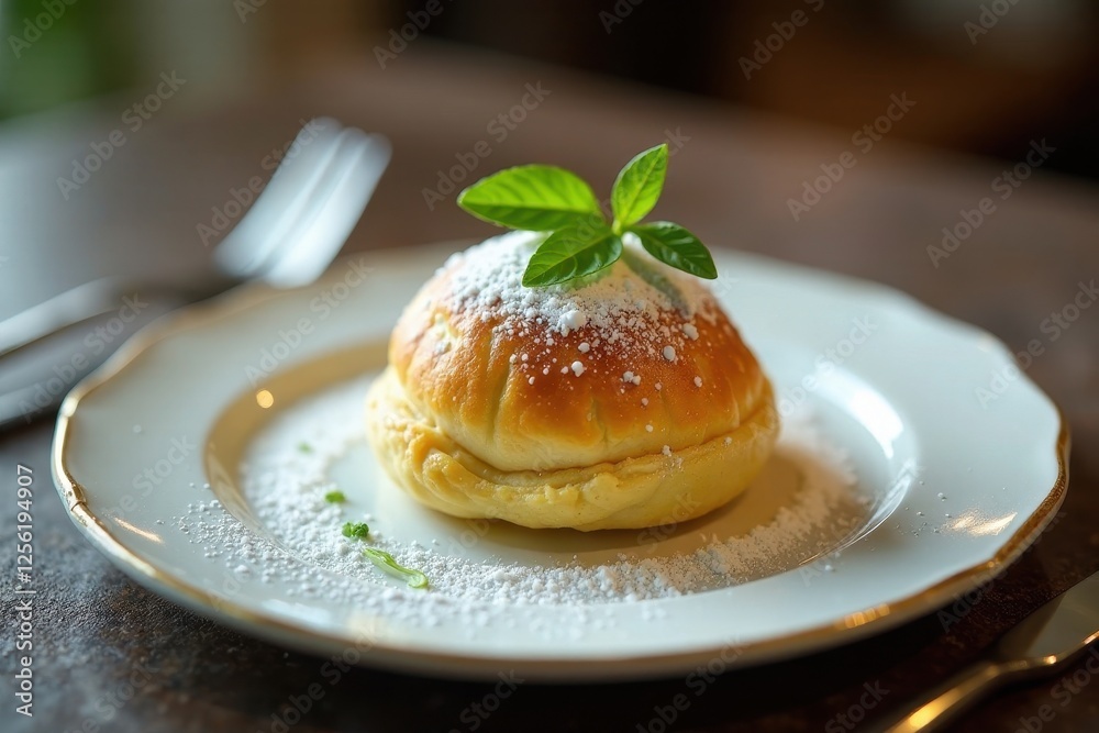A Delicate Pastry Garnished with Fresh Herbs and Powdered Sugar on an Elegant Plate A Delicate Pastry Garnished with Fresh Herbs and Powdered Sugar on an Elegant Plate