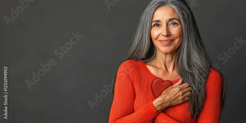 Mature woman, gray hair, red sweater, heart, studio background, self-love
