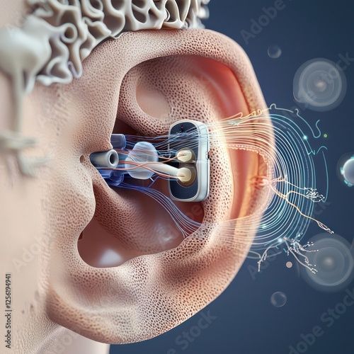 Detailed anatomical illustration of human ear, focusing on sound transmission and auditory nerves. photo