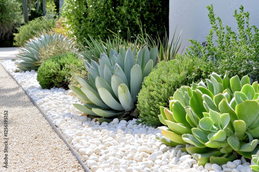 Elegant outdoor garden featuring decorative white gravel beds with various succulents and cacti, showcasing a modern drought-tolerant landscape Elegant outdoor garden featuring decorative white gravel beds with various succulents and cacti, showcasing a modern drought-tolerant landscape