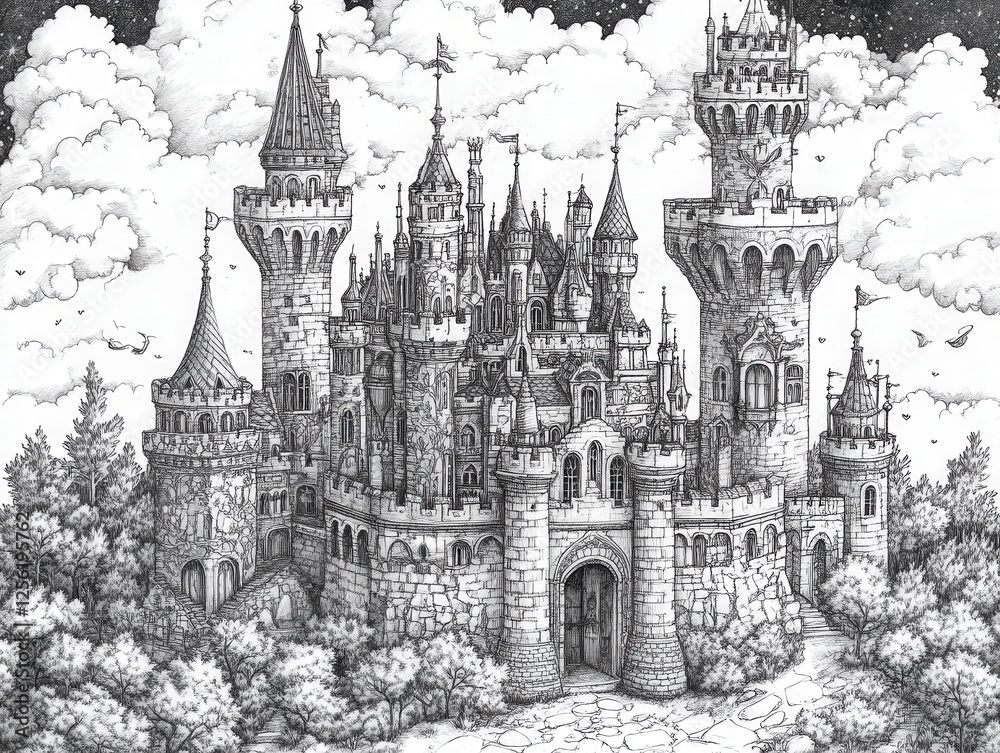 Enchanting Fantasy Castle Surrounded by Clouds and Trees in Intricate Black and White Ink Illustration Enchanting Fantasy Castle Surrounded by Clouds and Trees in Intricate Black and White Ink Illustration