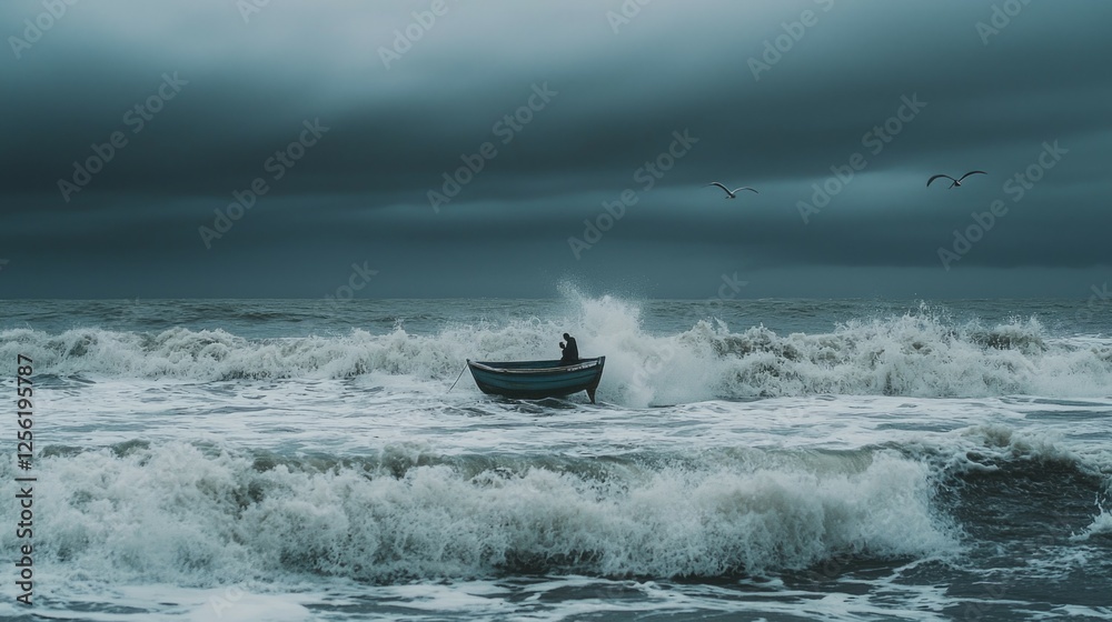 Naklejka premium Stormy Sea with Lone Boat and Dark Clouds Under Gloomy Sky