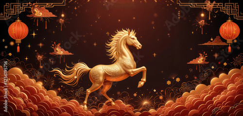 A stunning Chinese New Year 2026 background celebrating the Year of the Horse. A majestic, golden horse is depicted in motion, symbolizing strength and prosperity.