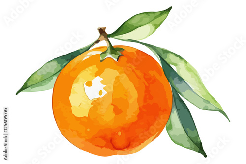 Watercolor hand drawn painting of a ripe orange with green leaves isolated on white background. Vector food illustration for table textile, kitchen decor and food design, packaging, botanical design