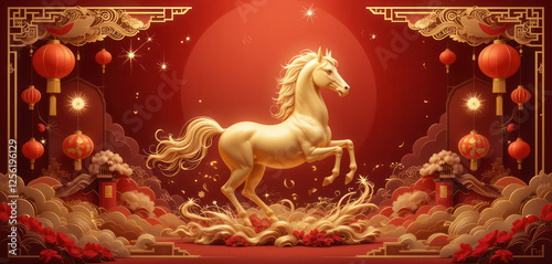A stunning Chinese New Year 2026 background celebrating the Year of the Horse. A majestic, golden horse is depicted in motion, symbolizing strength and prosperity.