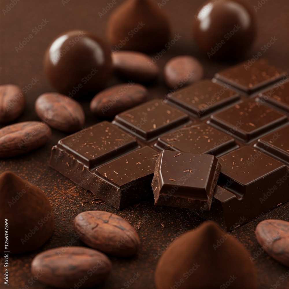 close up of delicious dark chocolate bar on a brown background surrounded by cocoa beans and chocolate truffles close up of delicious dark chocolate bar on a brown background surrounded by cocoa beans and chocolate truffles