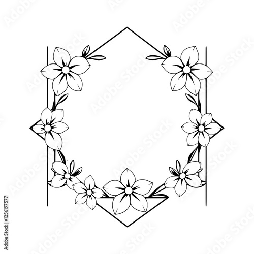 Geometric floral wreath design: minimalist, black and white, with flowers framing a central empty circle.