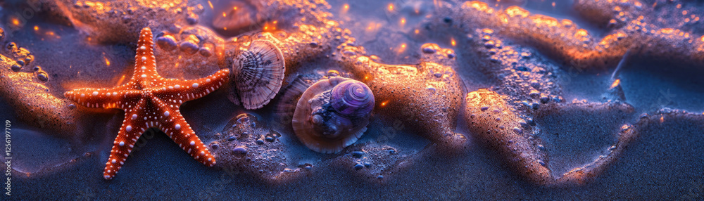 Obraz premium Starfish and sand dollars resting on wet sand with vibrant neon orange highlights