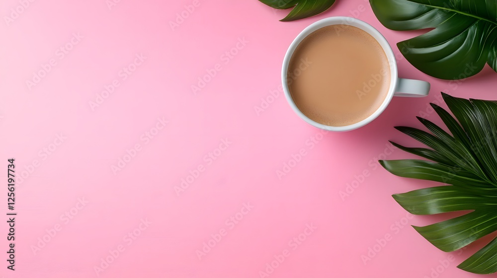 Cozy Coffee Cup Surrounded by Green Leaves on Pink Background Cozy Coffee Cup Surrounded by Green Leaves on Pink Background