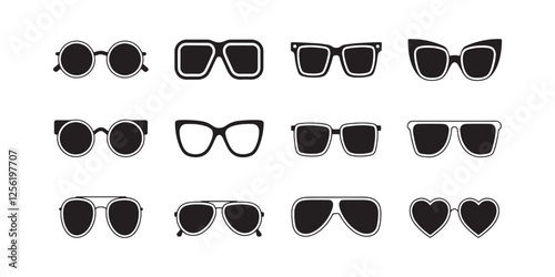 Sunglasses icons collection. Set of different sunglasses , Glasses silhouettes. Isolated black elegant eyewear set. Metal plastic spectacles shapes. geek sunglasses icons