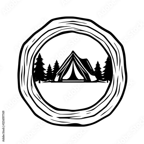 Black and white image of a tent and trees in a circular frame, capturing the essence of camping.