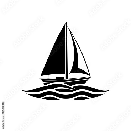 Elegant Silhouette of a Sailboat: Black and White Illustration with waves and sails.