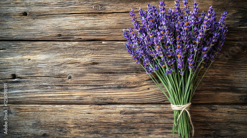 Lavender bouquet on rustic wood background, copy space