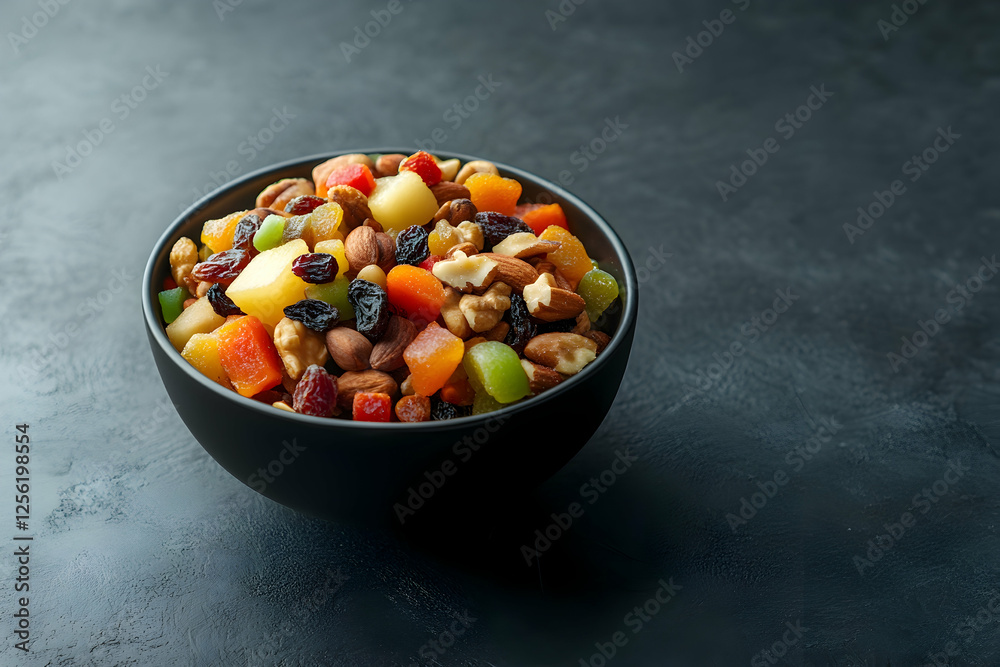 Bowl of mixed dried fruits and nuts on a dark background Bowl of mixed dried fruits and nuts on a dark background