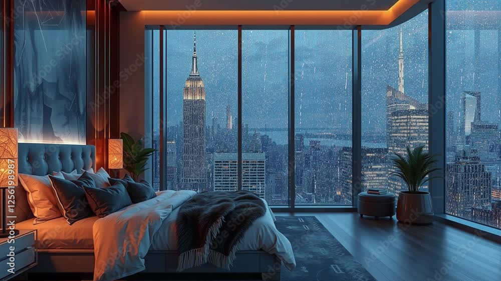 Modern Luxury Bedroom | Rainy Night City View & Sleep Ambience
