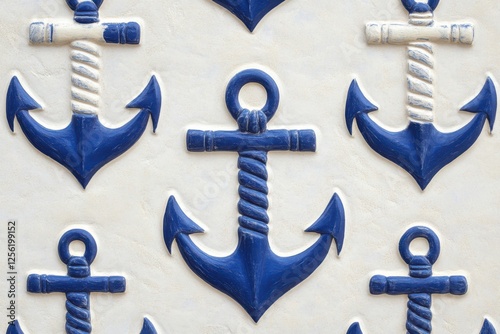 Classic blue and white anchors and ropes pattern with vintage nautical symbols creating a timeless maritime feel for decorative use photo