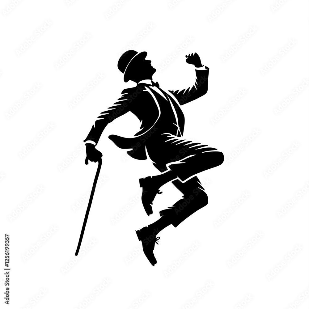 Fototapeta premium man wear suit and bowler hat happy jump with stick 