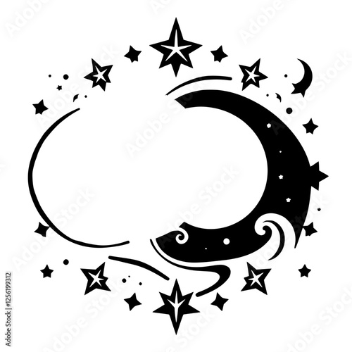 Black and white illustration featuring crescent moon, stars, and other celestial elements within an oval frame on a white background.
