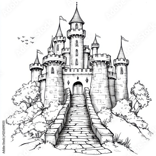 Intricate Drawing of a Fantasy Castle Surrounded by Lush Trees and Scenic Pathway