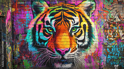 Vibrant graffiti mural of a tiger's face on a brick wall, showcasing colorful artistic expression