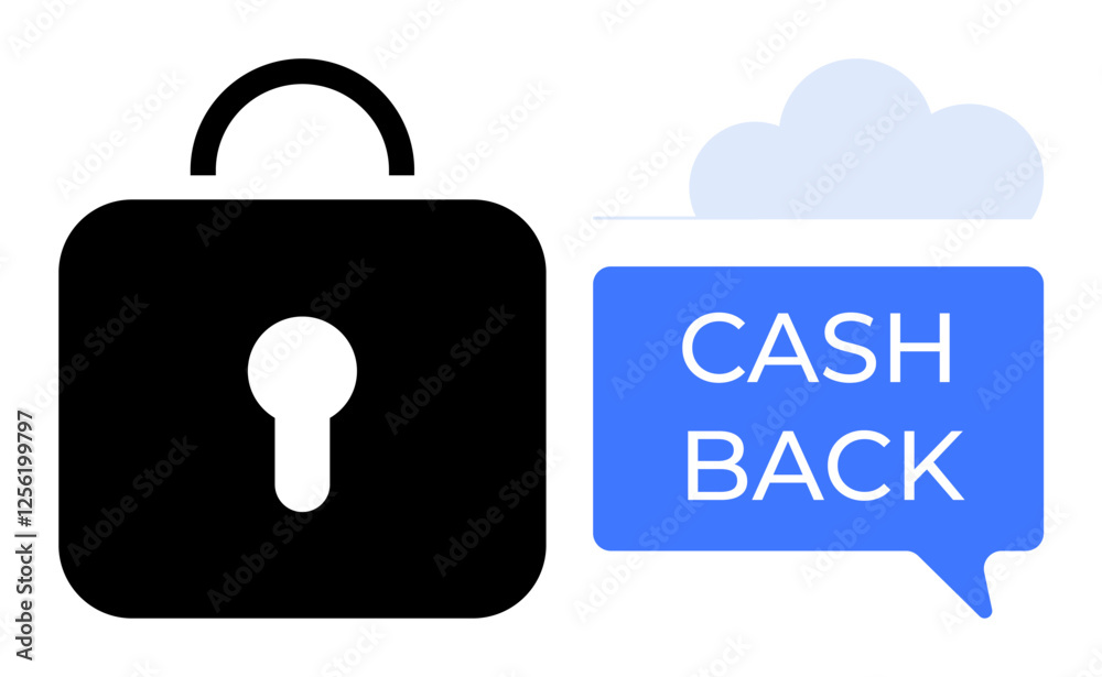 Padlock icon connected to blue speech bubble with CASH BACK text. Ideal for finance security, online shopping, savings, customer loyalty, data protection, financial transactions, trust-building. Flat Padlock icon connected to blue speech bubble with CASH BACK text. Ideal for finance security, online shopping, savings, customer loyalty, data protection, financial transactions, trust-building. Flat