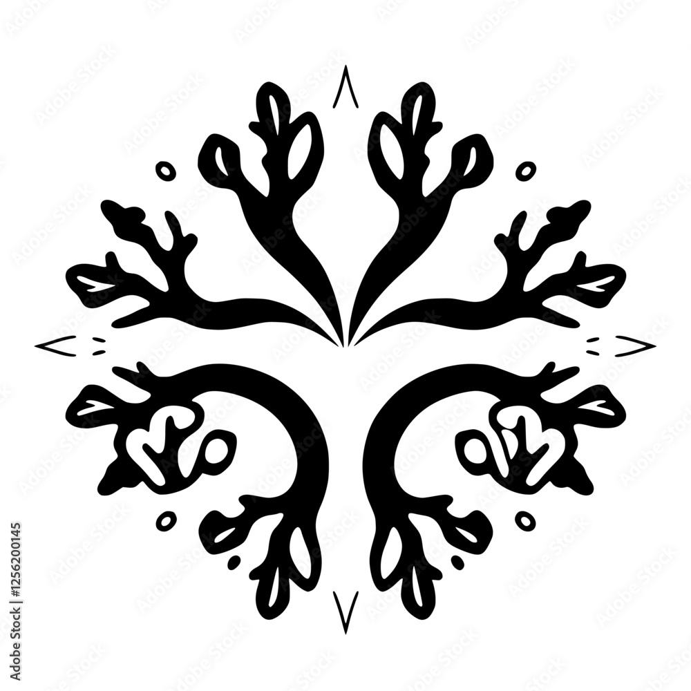 Black and white symmetrical floral ornament with leaves and abstract shapes. Black and white symmetrical floral ornament with leaves and abstract shapes.