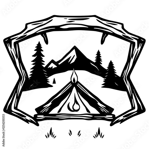 Digital art of campfire with mountains in a woody frame.