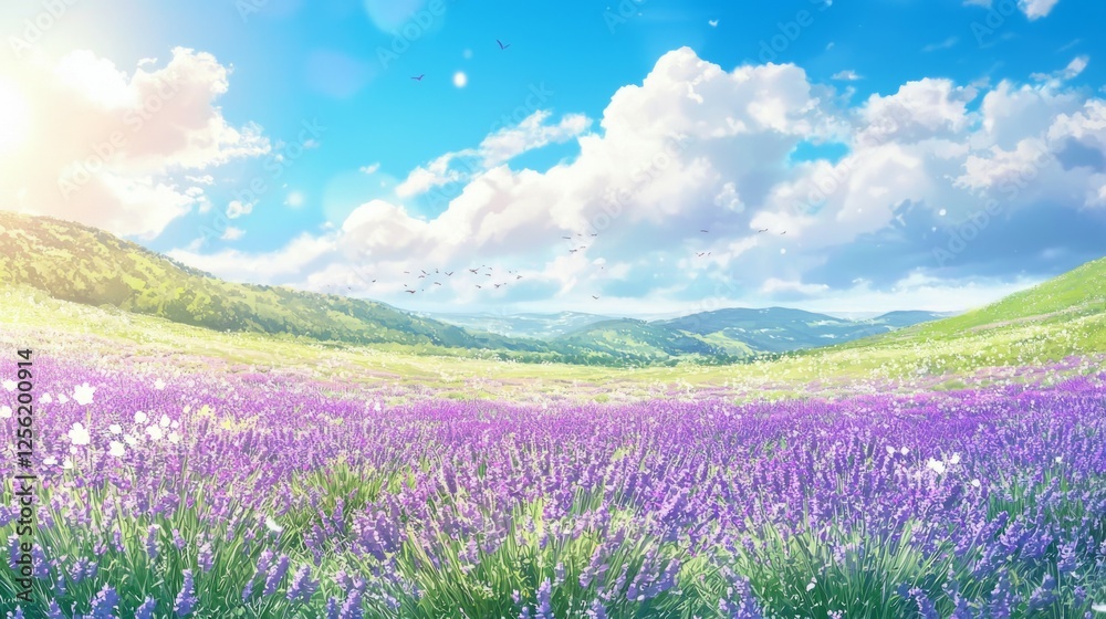 Fototapeta premium Vibrant Lavender Field Under Clear Blue Sky and Fluffy Clouds