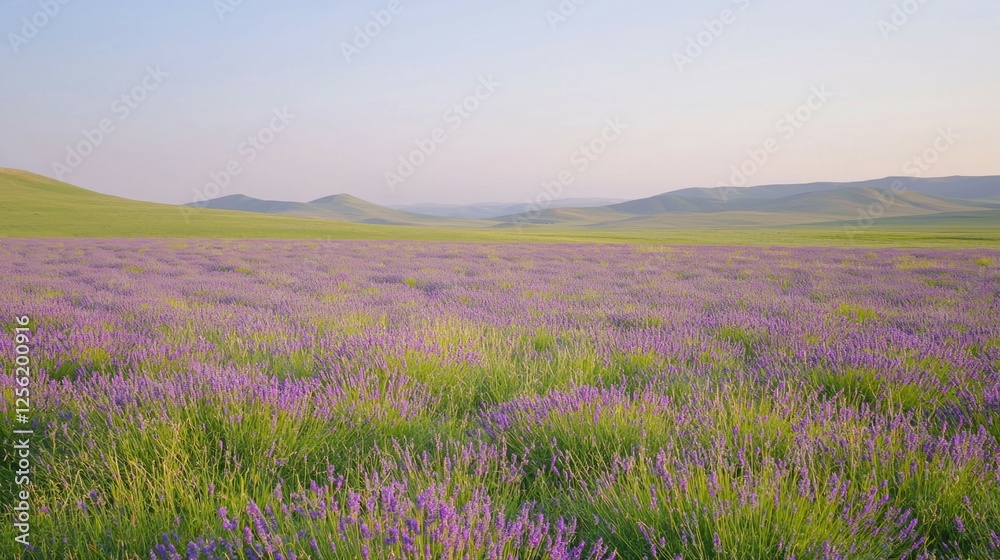 Fototapeta premium Serene Lavender Field Under Clear Sky, Tranquil Landscape View