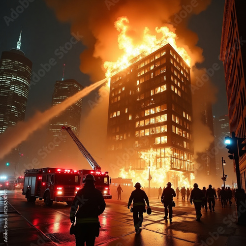 Bombeiros apagando incêndio em edifício photo