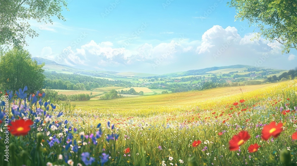 Obraz premium Vibrant Wildflower Meadow in Scenic Countryside under Blue Sky