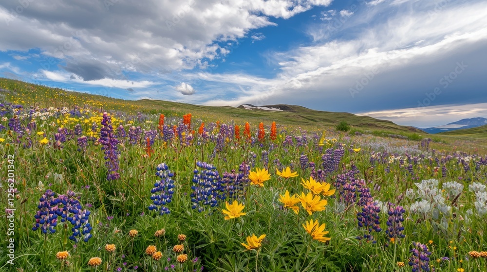 Fototapeta premium Vibrant Wildflower Meadow Under a Dramatic Sky in Springtime