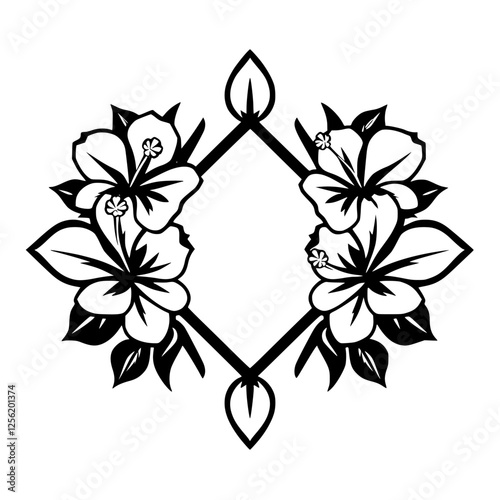 Artistic black and white floral arrangement with hibiscus-like flowers surrounding a central diamond-shaped framework.