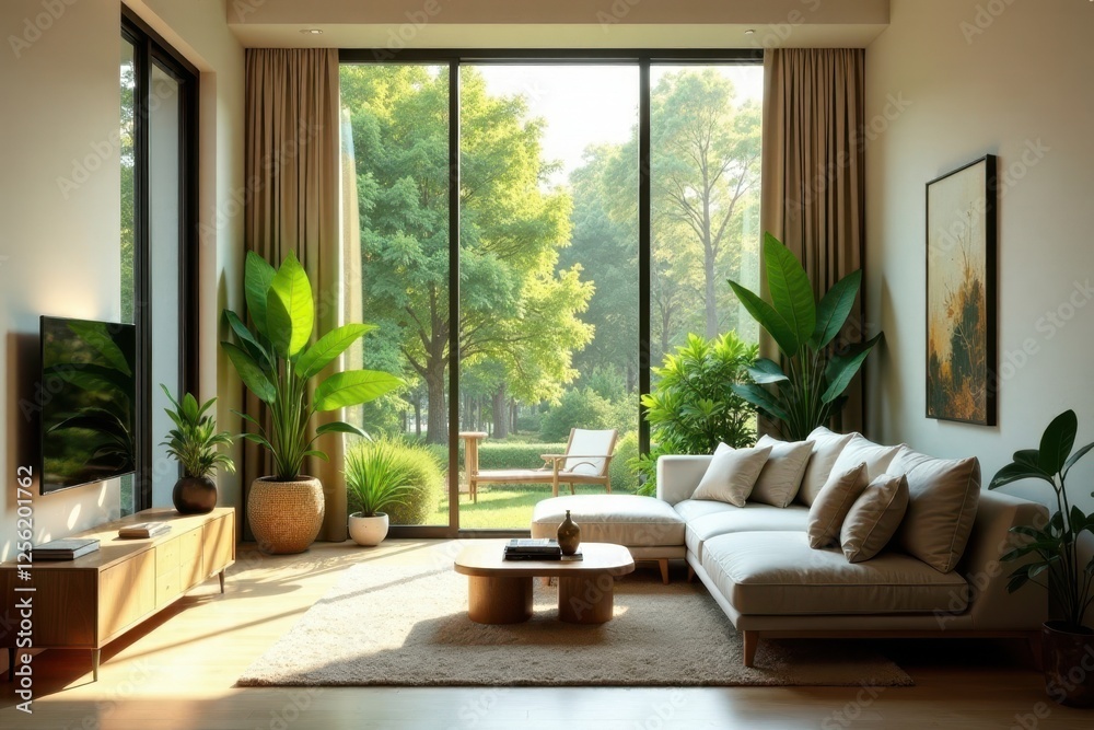 Fototapeta premium Serene Living Room Design with Abundant Natural Light and Lush Greenery, Featuring a Comfortable Sectional Sofa and Modern Furnishings