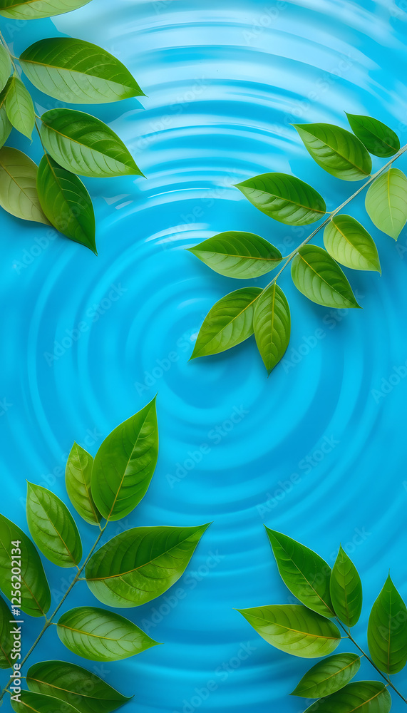 Blue water texture, surface with rings and ripples. Green leaves on water surface. Spa concept background. Flat lay, copy space, collage style. with white shades Blue water texture, surface with rings and ripples. Green leaves on water surface. Spa concept background. Flat lay, copy space, collage style. with white shades