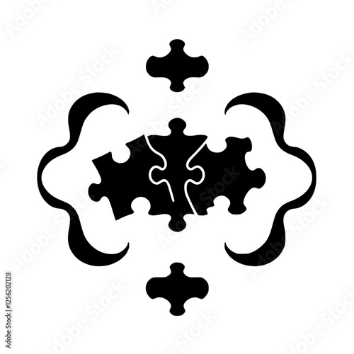 Black and white abstract vector illustration of interlocking puzzle pieces and additional surrounding design elements.