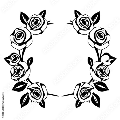 Floral Wreath composed of roses in a black and white style.