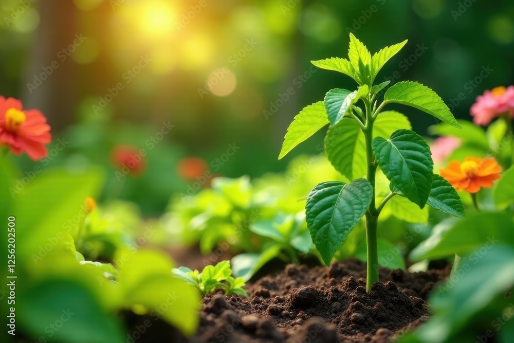 A vibrant young sprout emerges from rich soil, bathed in the warm glow of the morning sun, surrounded by a lush garden of blooming flowers, symbolizing growth, nature, and new beginnings. A vibrant young sprout emerges from rich soil, bathed in the warm glow of the morning sun, surrounded by a lush garden of blooming flowers, symbolizing growth, nature, and new beginnings.