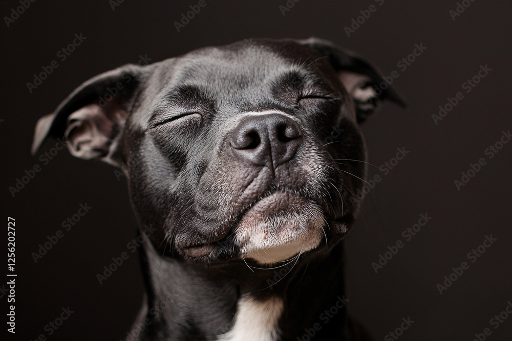 Portrait of dog with closed eyes in front of dark background Portrait of dog with closed eyes in front of dark background